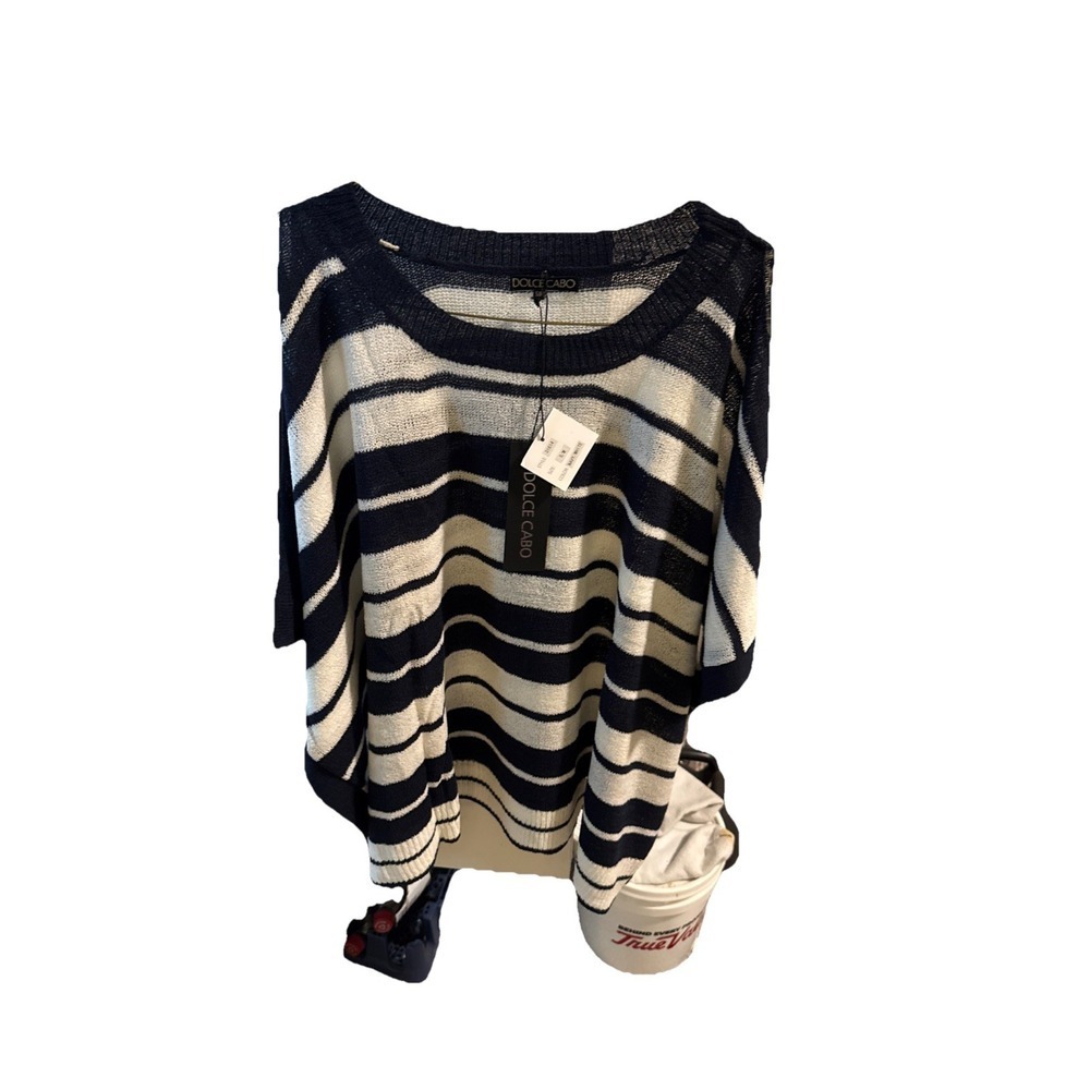 Dolce Cabo  Knit Sweater Open Shoulder S/M Navy White Striped New‎